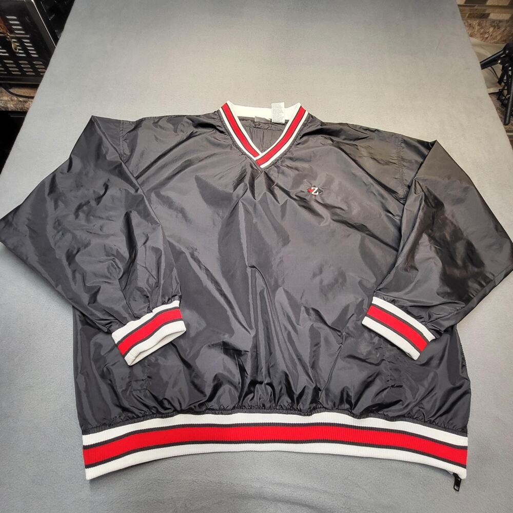 Jerzees Pullover Jacket Mens 2XL Black Red White Striped Windbreaker Nylon XXL